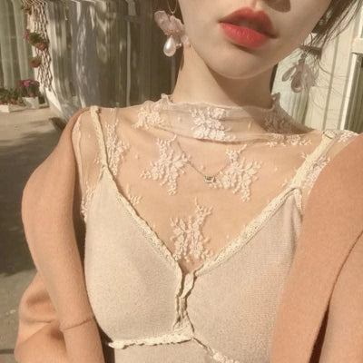 Women Mesh T-Shirts Transparent Lace Blouse Long Sleeve See Through Tops