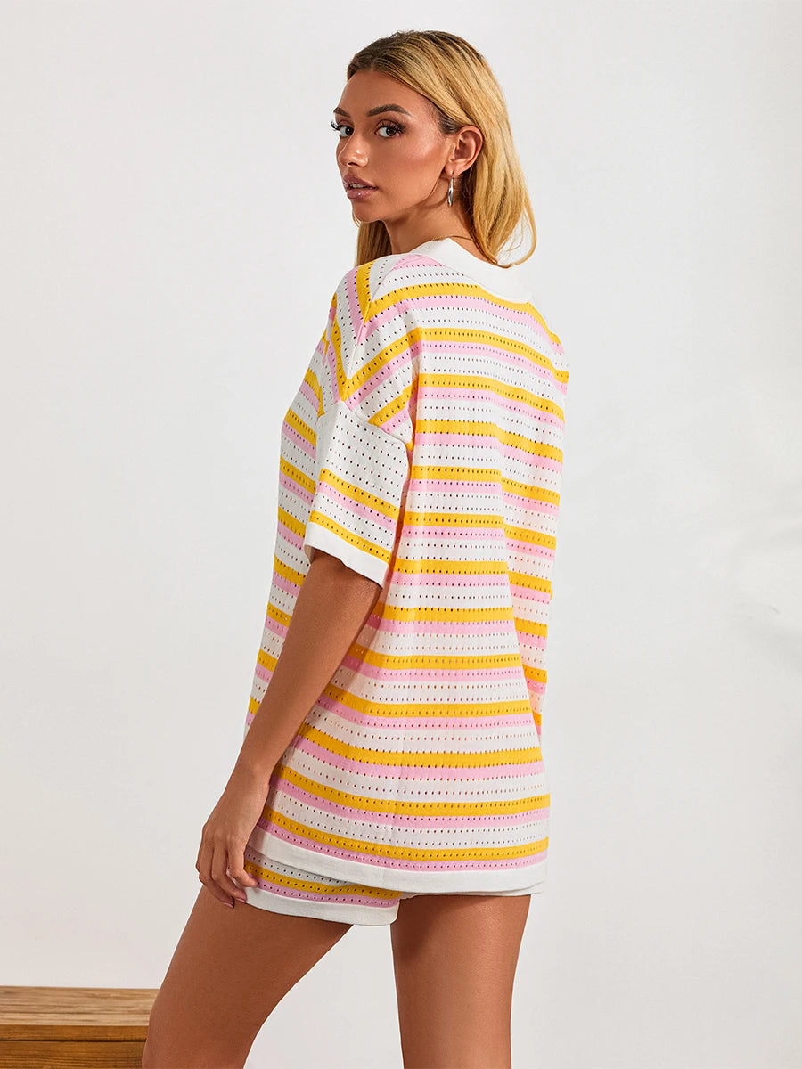 Women Pajamas Set 2 Pieces Loungewear Suits Summer Striped Contrast Color Button Crochet Knit Tops and Shorts Lounge Sets Beach