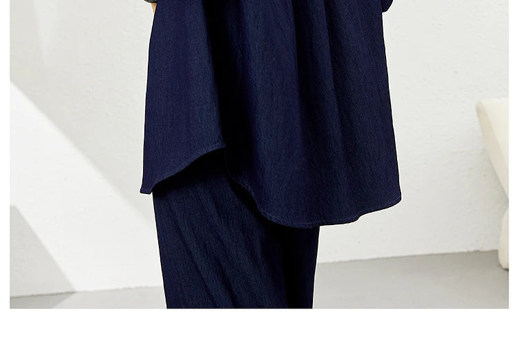 VIMLY Navy Blue Denim Suit Women's 2025 Autumn Outfits Vintage Lace Polo Collar Shirt Wide Legs Pants Ladies 2 Piece Sets A2526