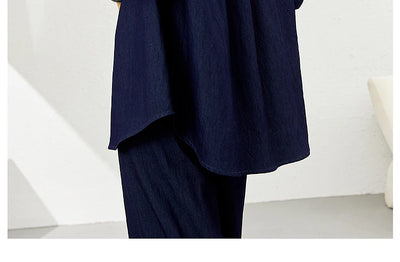 VIMLY Navy Blue Denim Suit Women's 2025 Autumn Outfits Vintage Lace Polo Collar Shirt Wide Legs Pants Ladies 2 Piece Sets A2526