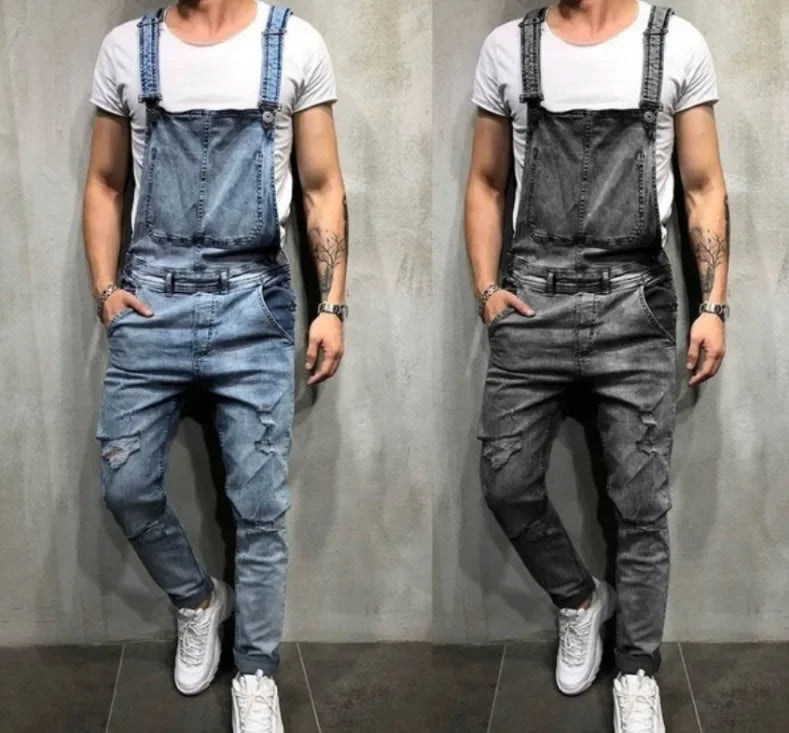 Men's Spring and Autumn Jeans, New Style Retro Casual All-match Ripped Dungarees, Fashionable High Street Trendy Brand Dungarees