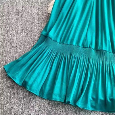 Women's V Neck Ruffles Splice Lantern Sleeve High Stretch Oversized Dresses Miyake Maxi Pleated 2025 Spring Long Party Clothing