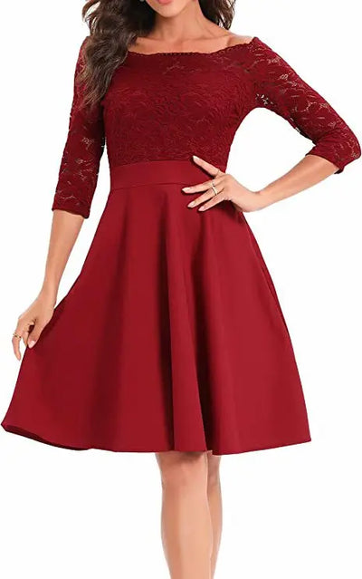 Women Elegant Wedding Bridesmaid Dinner Dress Sexy Lace Off Shoulder Party Dresses Solid Color Half Sleeve Evening Gown Vestido