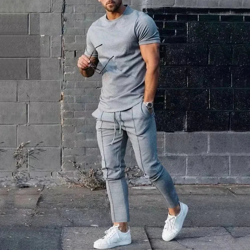 Mens Suit Summer Two-piece Suit Short-sleeved T-shirt Casual Fashion Trousers Sets for Men