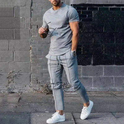 Mens Suit Summer Two-piece Suit Short-sleeved T-shirt Casual Fashion Trousers Sets for Men
