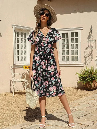 Floral Print Midi Dress Women Robe Elegant Chic
