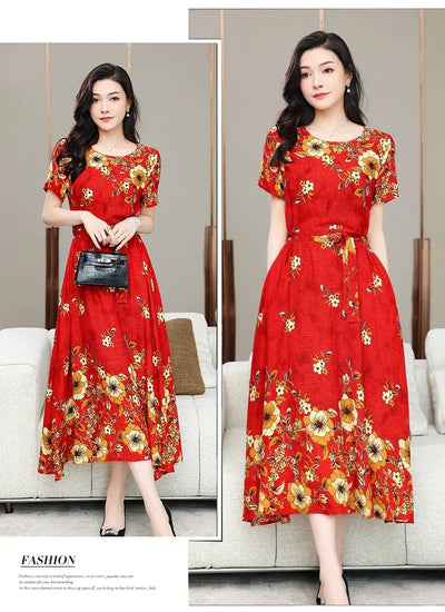 New Fashion 2024 Print Summer Dresses For Women Short Sleeve O-Neck Elegant Summer Dress Woman Clothing