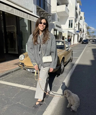Woman's Oversized Bomber Jacket Autumn New Round Neck Long Sleeve Pocket Hidden Button Loose Jackets Coat Female Outerwear