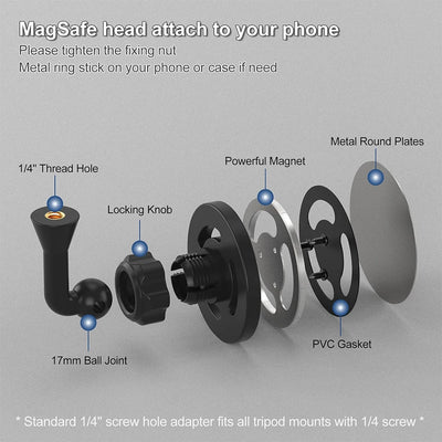 Magnetic Phone Tripod Mount Adapter with 1/4"-20 Hole for MagSafe for iPhone 16 15 14 13 12 Plus Pro Max Mini Case, Selfie Stick