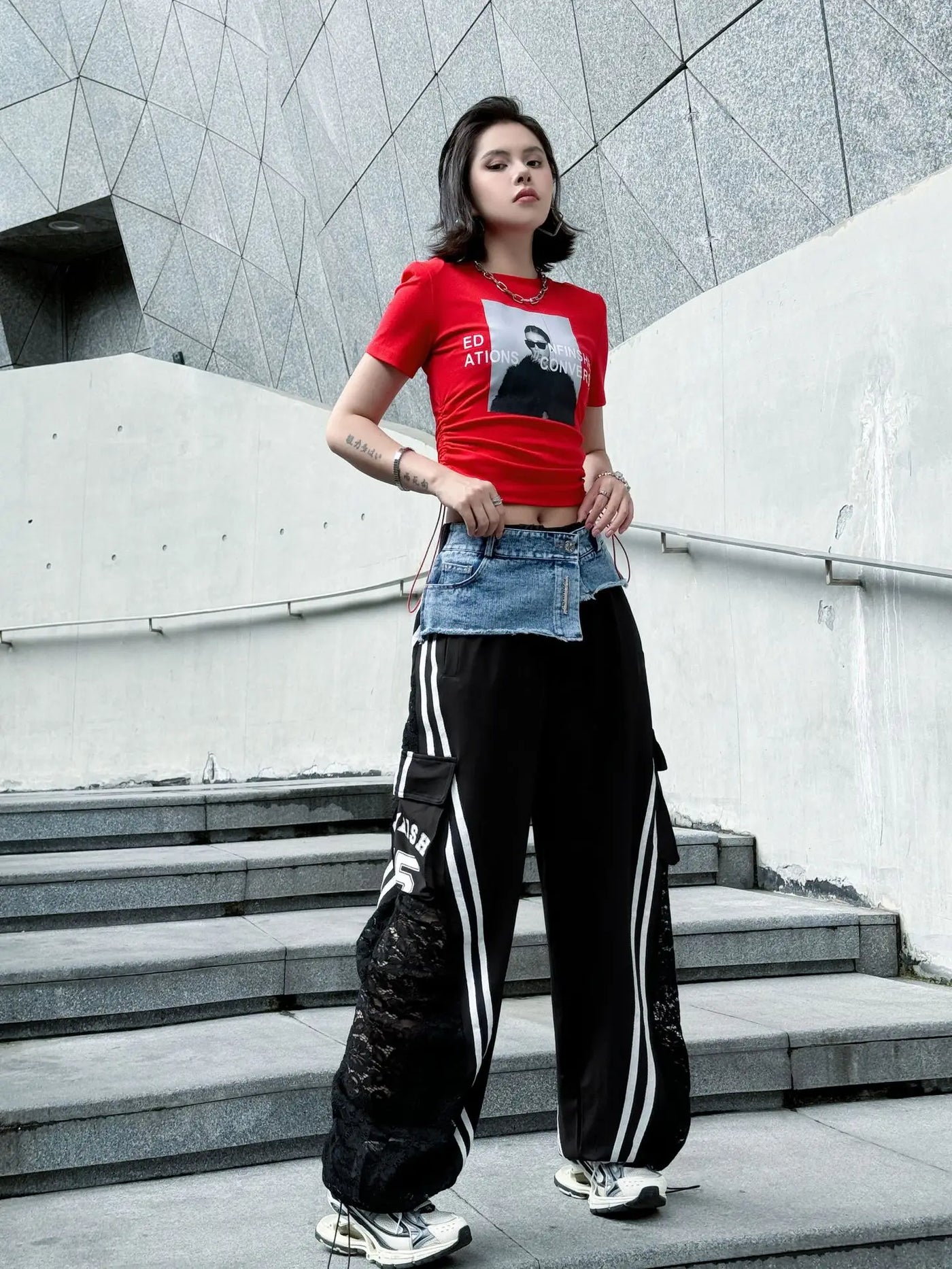 Wide Leg Pants Women Floor Length Patchwork Lace Denim Stripe Print High Waist Multiple Pockets 2025 Streetwear Cargo Trousers