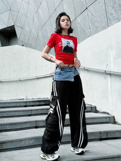 Wide Leg Pants Women Floor Length Patchwork Lace Denim Stripe Print High Waist Multiple Pockets 2025 Streetwear Cargo Trousers