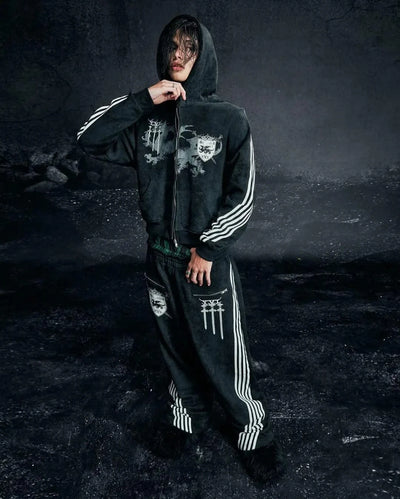 Sexy European and American printed striped hooded sweatshirt with zipper, pink men's and women's sports loose sweatshirt jacket