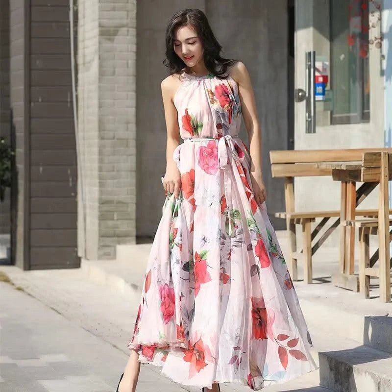 2023 New Floral Summer Sleevelss Suspender Maxi Dress for Women Sexy Backless Beach Purple Boho Robe Femme Sundress Dress Photo