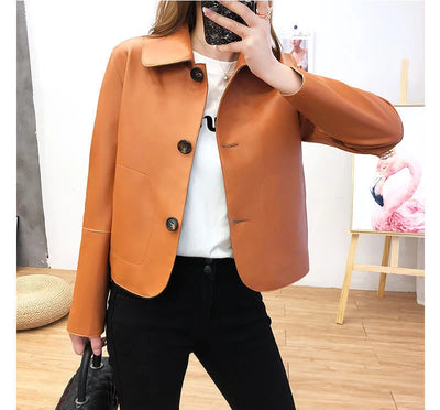 Women's Sheepskin Short Tops Harajuku Fashion Jassen Dames Slim Jaqueta De Couro Legítimo Square Collar Trendy Streetwear Coat