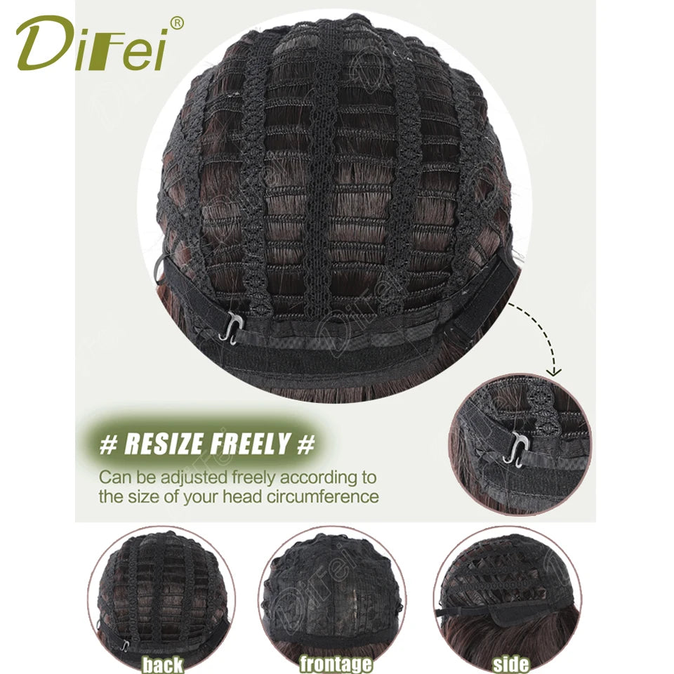 DIFEI Slightly Curly Short Synthetic Wig For Women Fresh Natural Short Wig With Straight Bangs Suitable For Daily Wear