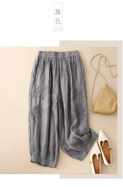 Cotton and Linen Harem Women Summer Vintage Embroidery Lightweight Breathable Lantern Pants