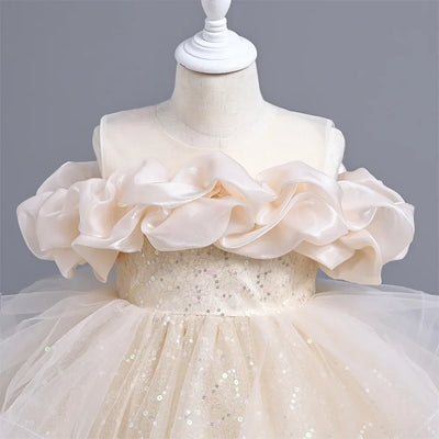 New Girl's Wedding Evening Dress Petal Sequin Mesh Sleeveless Dress Birthday Party School Graduation Party Dress