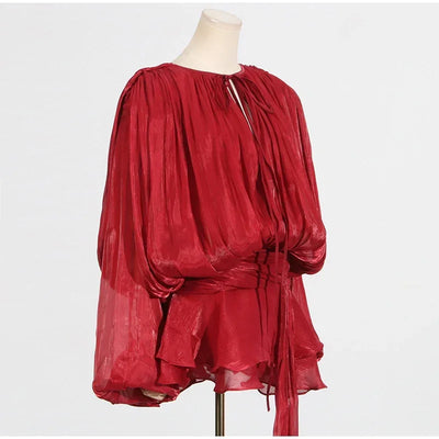 Ruffles Mini Dress Women Lace Up  V Neck Long Sleeve Pleated Female Dresses 2025 Elegant Summer Autumn Street Loose Ladies Robes