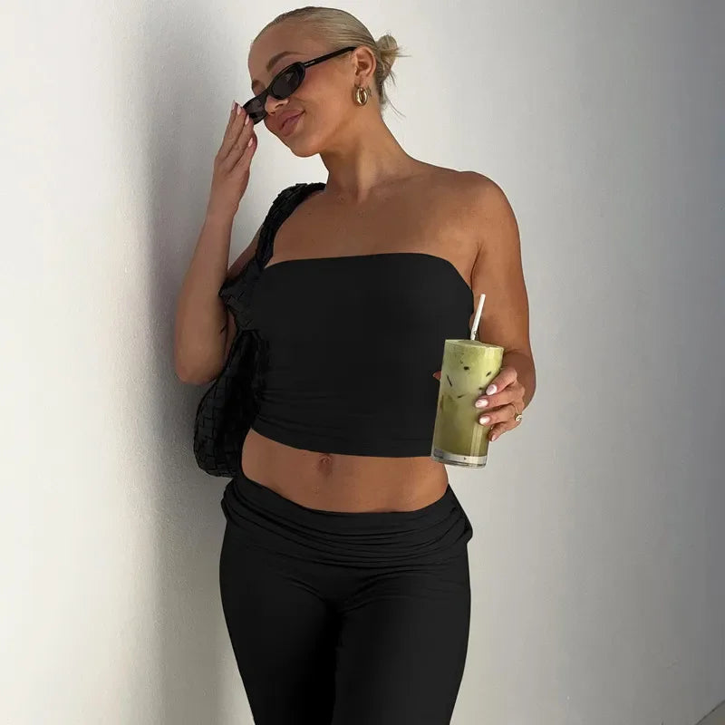 Women's Clothing 2025 Spring Fashion New Item Solid Color Strapless Top Flared Pants Fashionable Slim Fit Sports Suit for Women