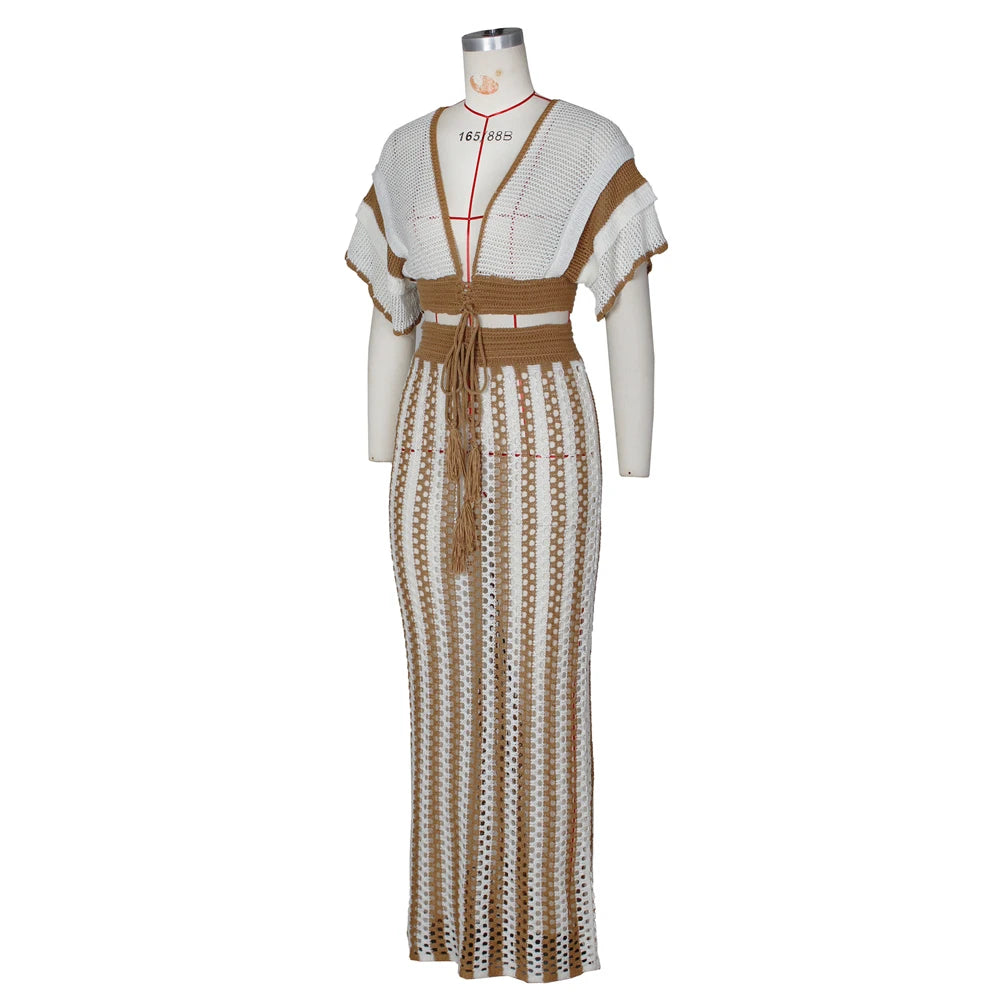 Summer 2 Pieces Women Vacation Outfits Striped Knitted Dress Sets Hollow Out Long Skirts and Short Sleeve V-Neck Crop Tops Set