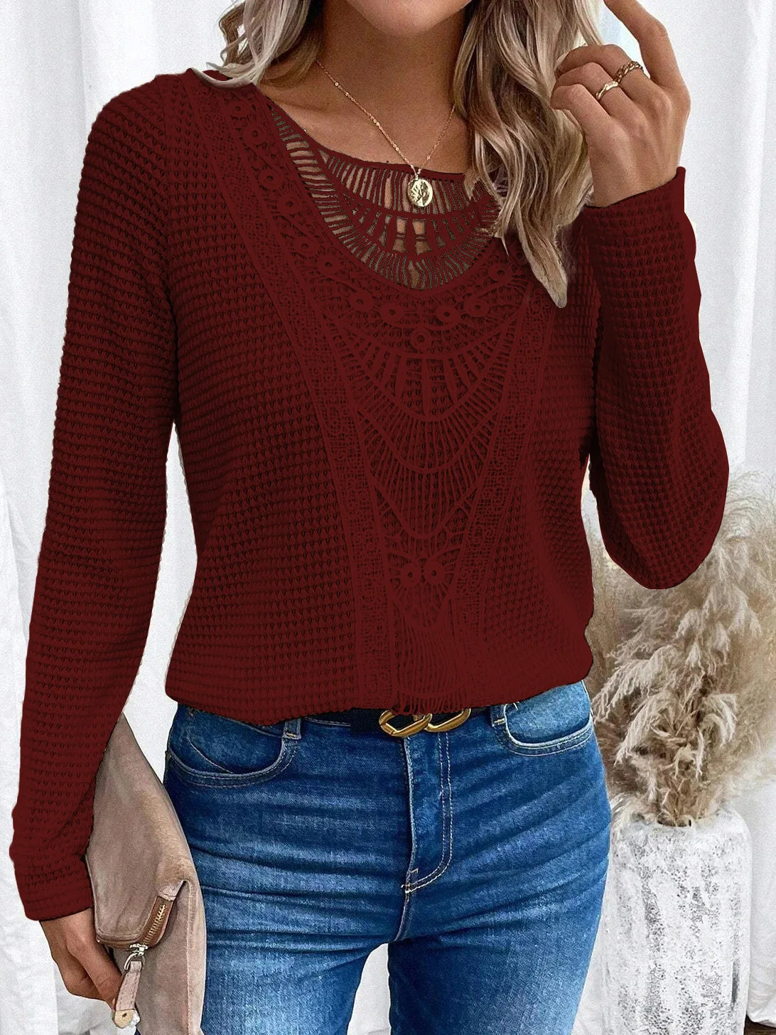 Solid Crew Neck Cut Out T-Shirt Elegant Ribbed Long Sleeve Contrast Lace T-Shirt For Fall & Winter Women's Clothing