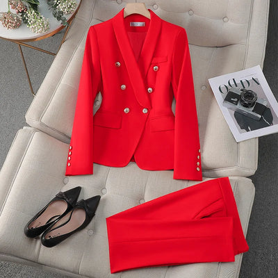 High Quality Suit Office Casual Two Piece Set Spring Autumn Women Double Breasted Blazers+Straight Zipper Trousers Women Outfit
