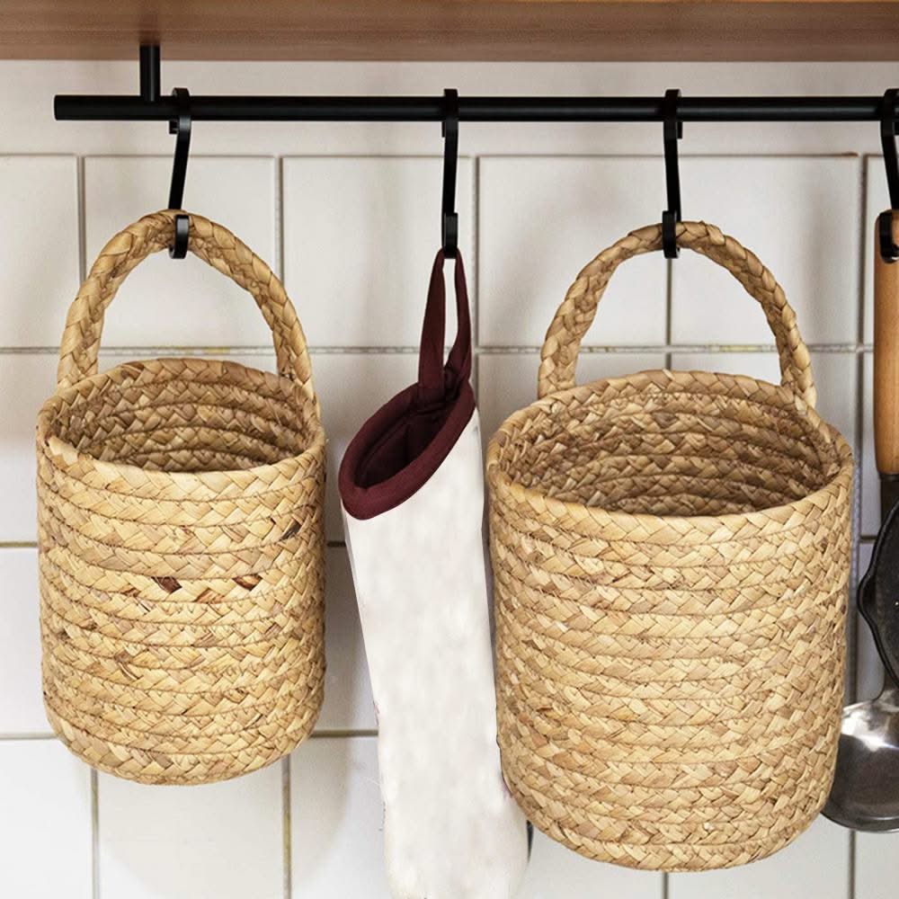 Garden Plant Flower Pot Handmade Rattan Storage Basket Foldable Seagrass Straw Hanging Woven Handle Toy Storage Container 1Pc