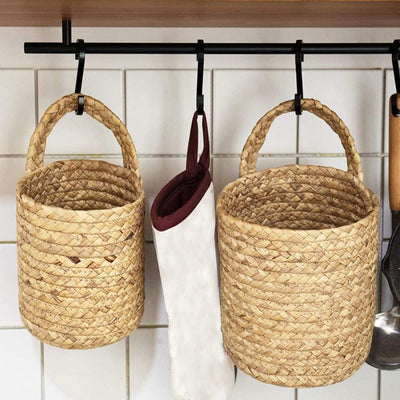 Garden Plant Flower Pot Handmade Rattan Storage Basket Foldable Seagrass Straw Hanging Woven Handle Toy Storage Container 1Pc