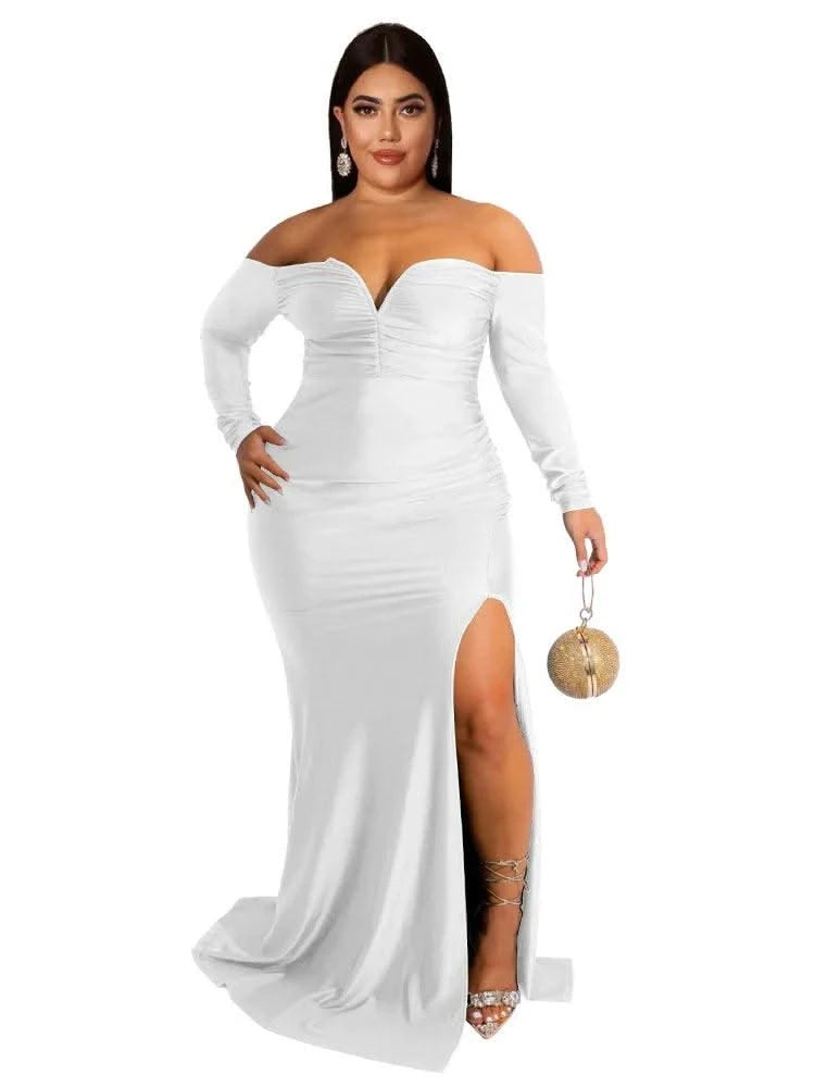 Wmstar Plus Size Party Dresses for Women Off Shoulder V Neck Slip Hem Elegant Full Length Maxi Dress Wholesale Dropshipping 2022