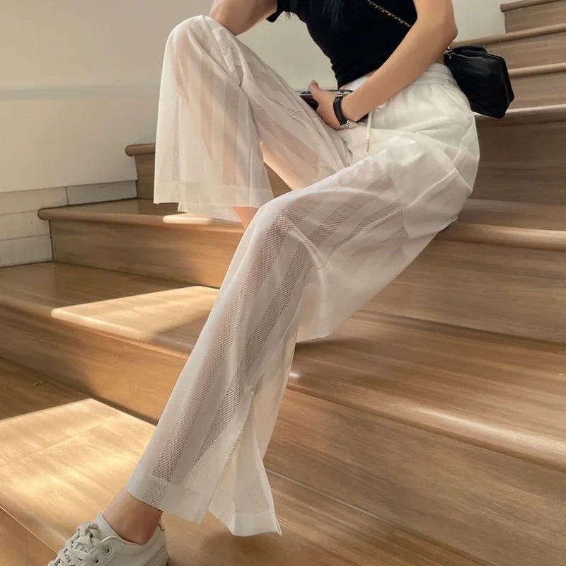 Wide Leg Elastic Waist Trousers for Woman Straight Women's Pants Black Stripe White Clothing High Quality Classic Y2k Streetwear