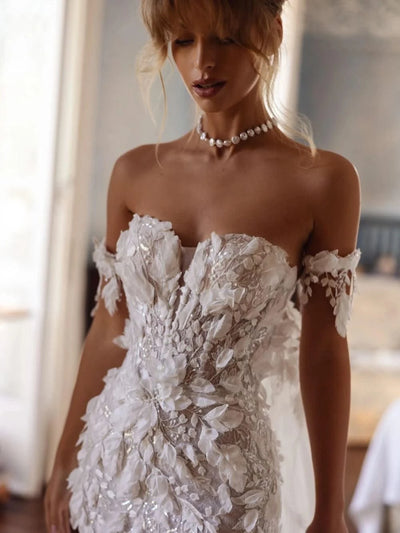 Shiny 3D Flower Wedding Dress With Train Mermaid Long Bridal Gown