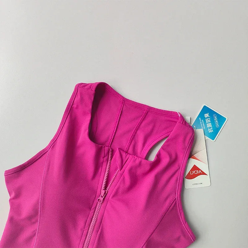 Women's sports and fitness underwear, integrated front zipper design, shock-absorbing gathering, quick drying yoga vest