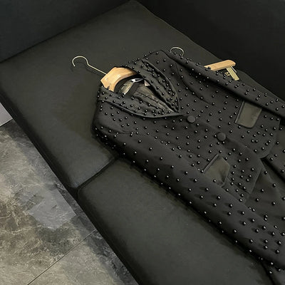 TWOTWINSTYLE Spliced Pearl Solid Two Piece Sets For Women Lapel Long Sleeve Top High Waist Pants Elegant Set Female KSE534390