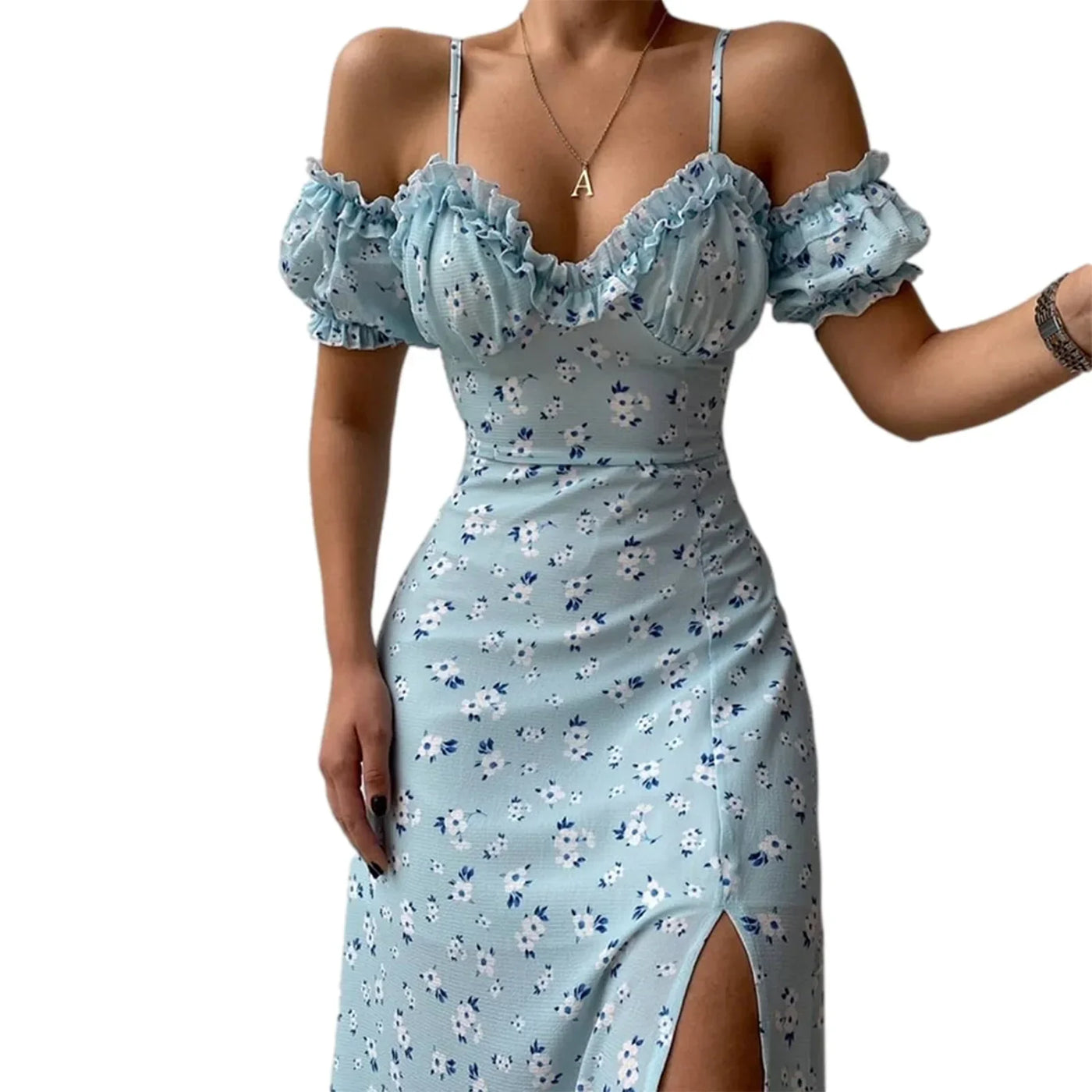 Ruffle Floral Party Sexy Dress Women Summer Elegant Sling Off Shoulder Dresses Female V Neck  Slim Maxi Printed Dress Robe 21764