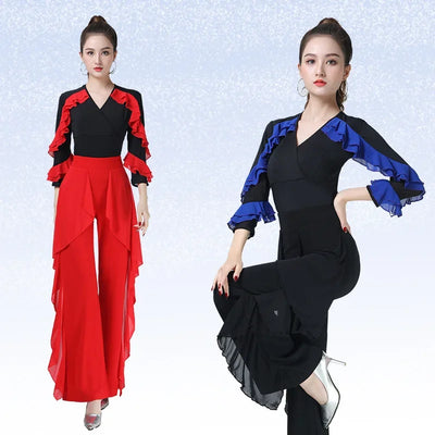 Women Dance Wear Latin V Neck Tops Line Dance Costume New Product Long Sleeve Ballroom Waltz Professional Competition Samba Tops