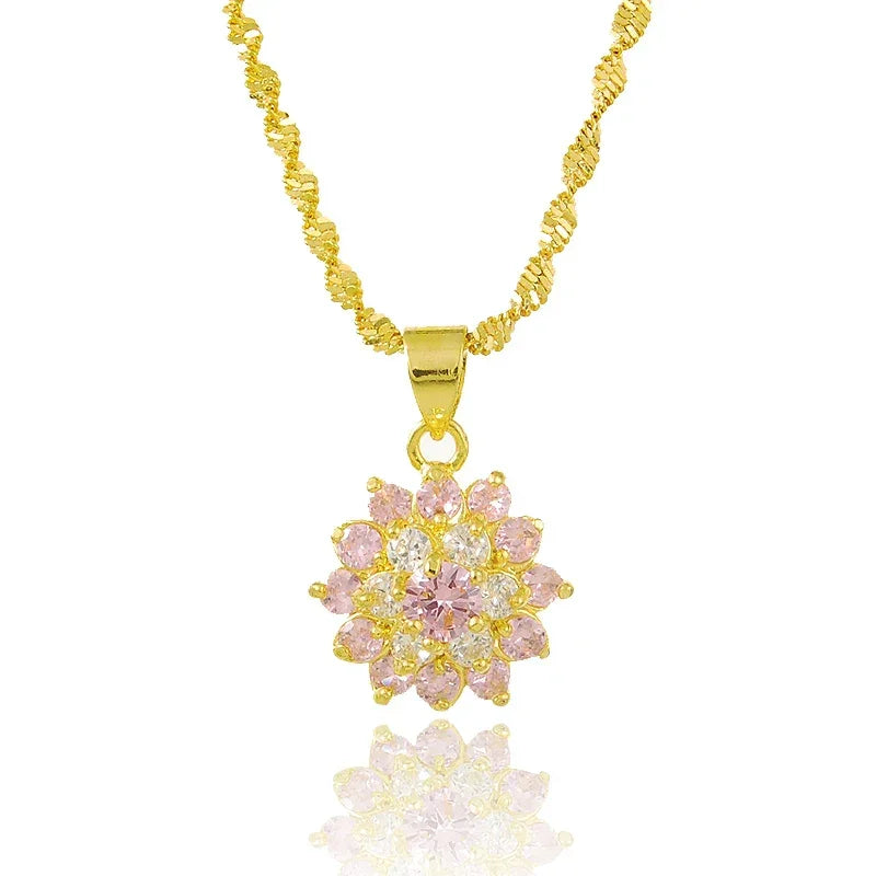 Luxury 24k Real Gold Necklace Electroplating Inlaid Zircon Powder Crystal Gold Necklace For Woman Charm Jewelry Gift