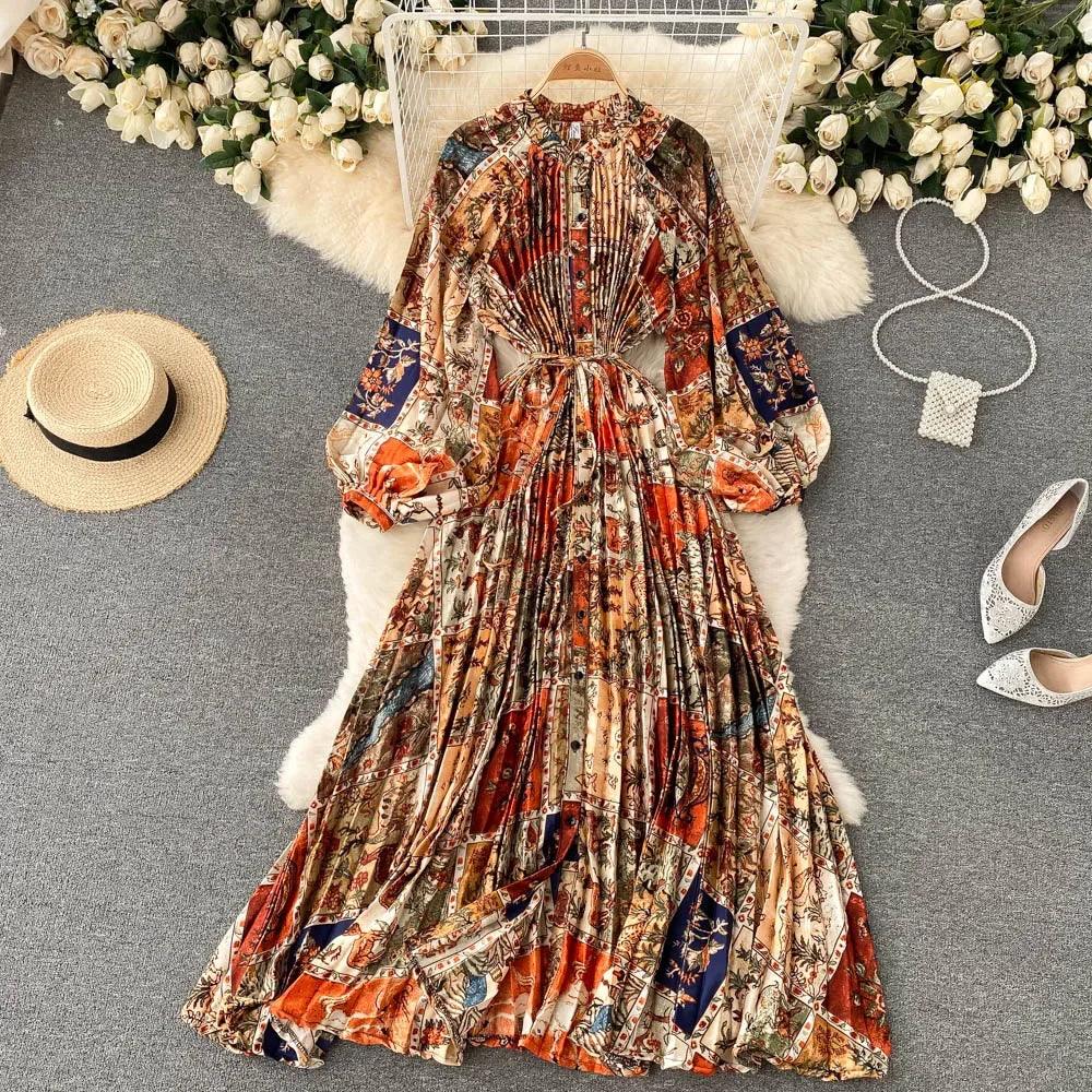 Retro Print Elegant Pleated Lace-up Chiffon Long Sleeve Dress A-line Blouse French Casual V-neck High Waist Women Summer Dresses