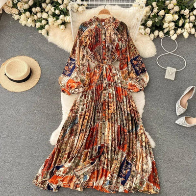 Retro Print Elegant Pleated Lace-up Chiffon Long Sleeve Dress A-line Blouse French Casual V-neck High Waist Women Summer Dresses
