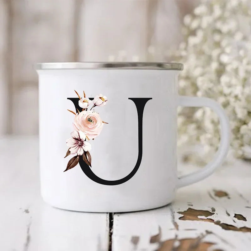 Initial Letter Print Mugs Enamel Creative Coffee Cups Drinks Wine Juice Milk Cup Vintage Home Office Handle Drinkware Best Gifts