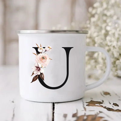 Initial Letter Print Mugs Enamel Creative Coffee Cups Drinks Wine Juice Milk Cup Vintage Home Office Handle Drinkware Best Gifts