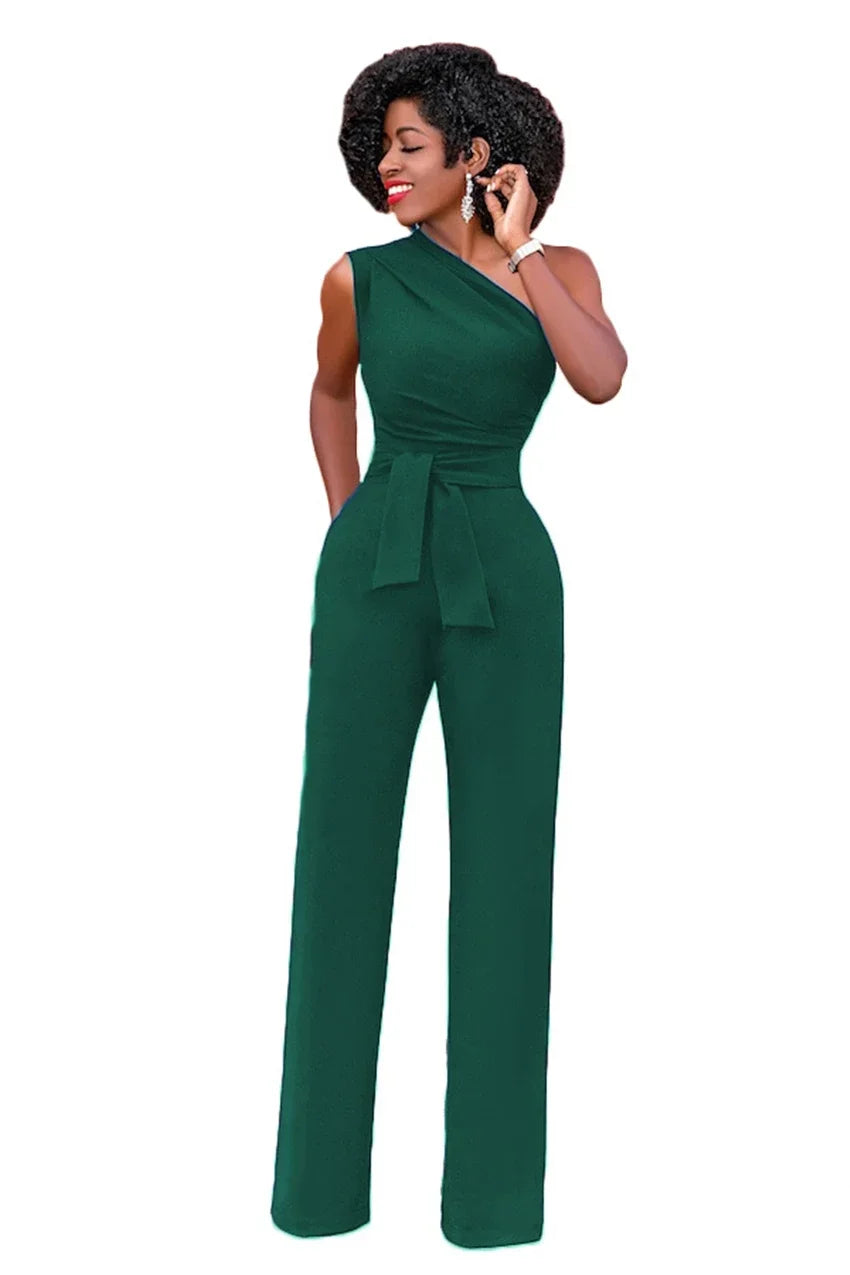 Women's Jumpsuit Solid Skew Collar Crop Top Straight Pants Belt Sexy Sleeveless Loose Pants Elegant Charming Playsuits 2024