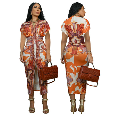 Fashionable Short Sleeve V-Neck Printed Slim Fit African Style Women's Dress K10822 Cross-Border Elegant Chic Dress