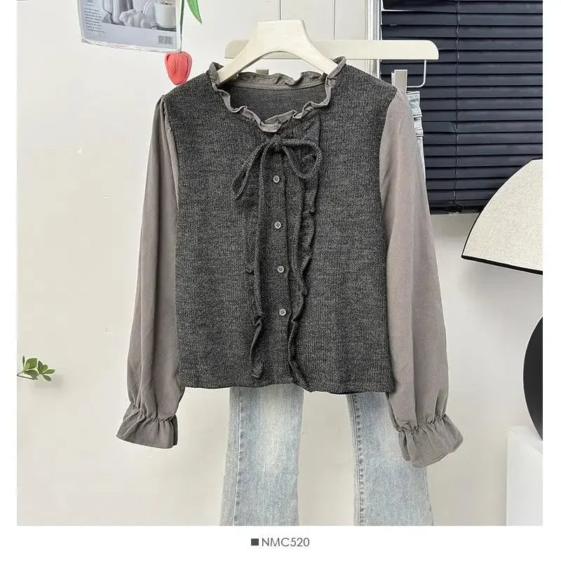 French Ruffle Bow Tie Long Sleeve Blouse Women's Autumn Luxury Chic