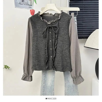 French Ruffle Bow Tie Long Sleeve Blouse Women's Autumn Luxury Chic