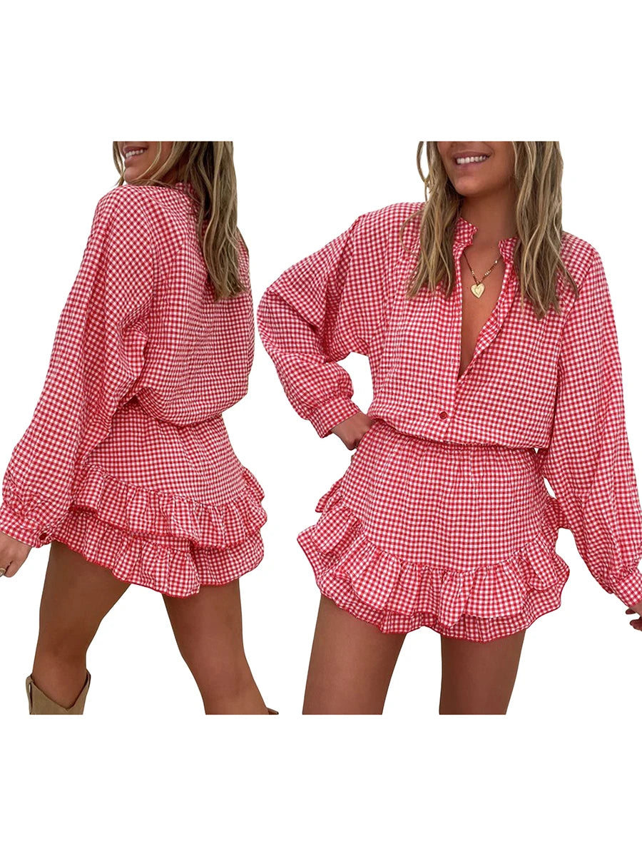 Women's Aesthetic 2 Piece Clothes Outfits Sets Plaid Long Sleeve Button Down Shirts Tops Tiered Ruffle Skirted Shorts Loungewear