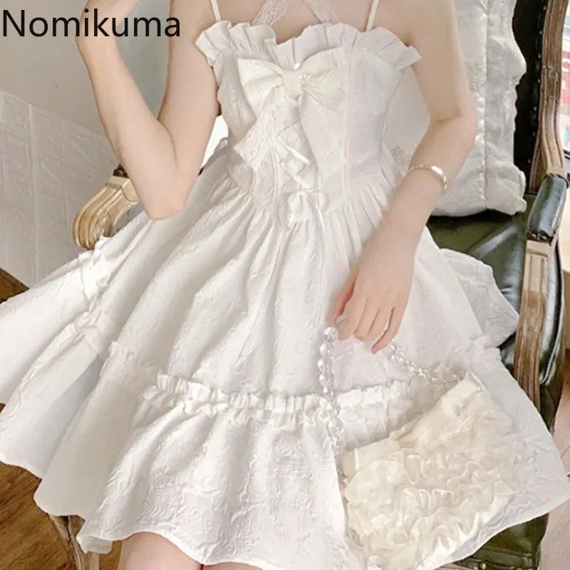 2025 Vestidos De Mujer Cute Summer Dresses for Women Lolita Style Japanese Sweet Robe Femme Bandage Bow Ruffles White Dress