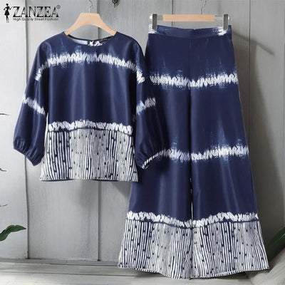 ZANZEA Fashion Women Tracksuits Summer Loose Matching Sets Bohemain Floral Printed Blouse Wide Leg Pant Sets 2pcs Work Outfits