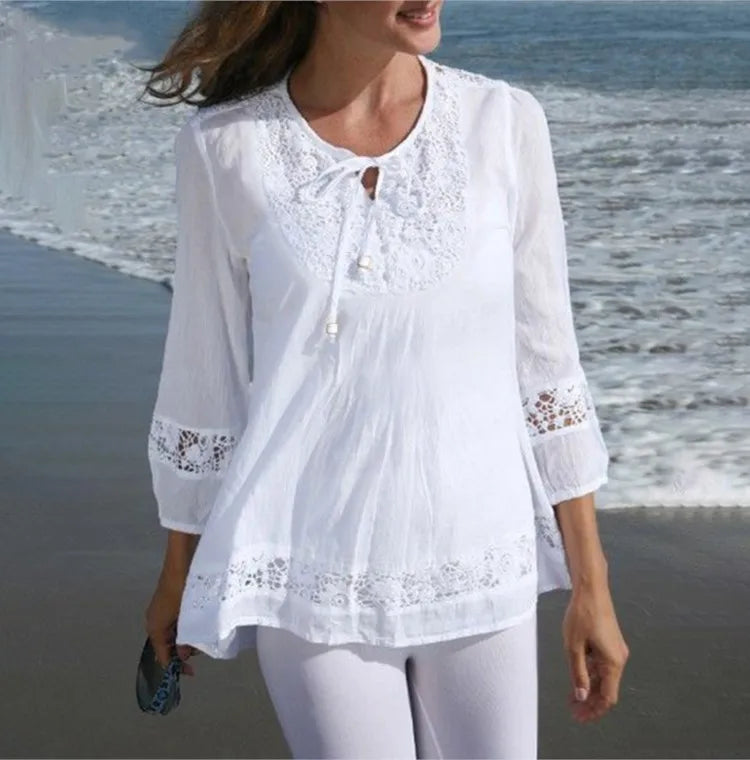 Fashion Women's Solid Lace Top Cotton Linen Casual Top Woman New Summer Blouse Three-Quarter Sleeve Loose Shirt & Blouse Women