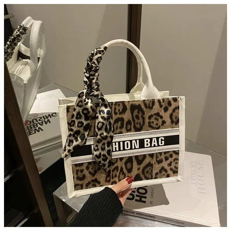 Fashion Leopard Print Top-handle Bags For Women, Bow Ribbon Decoration Designer Handbags Ladies Casual Tote