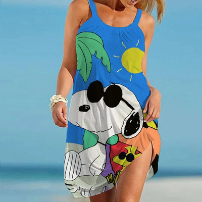Snoopy Kawaii Women's Beach Dresses Leisure Boho Sanrio Elegant Chic Dress Sling Y2k S-3XL 2024 Summer Youthful Woman Clothes